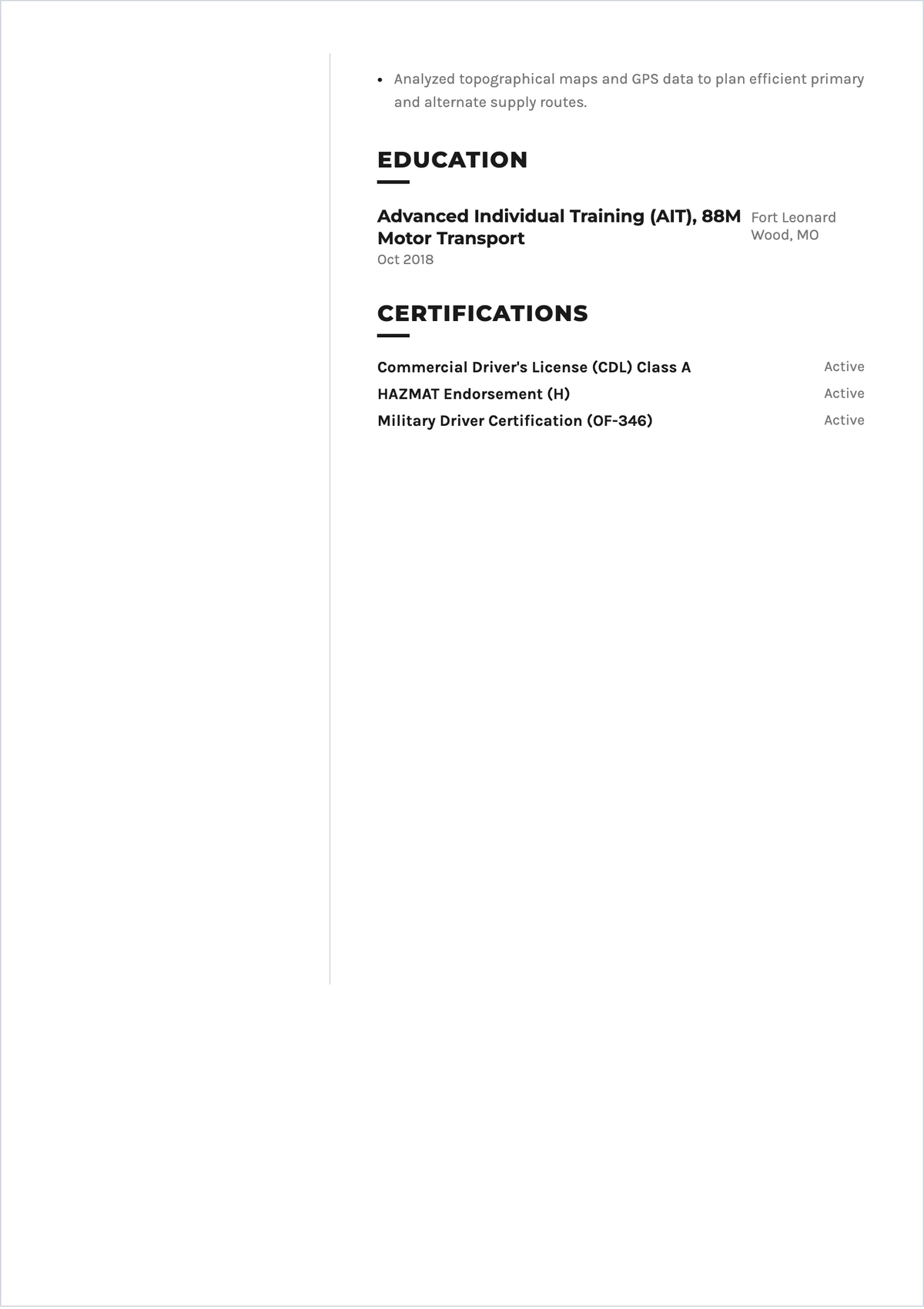 Free Military Truck Driver ATS Resume Template, AI Resume Builder