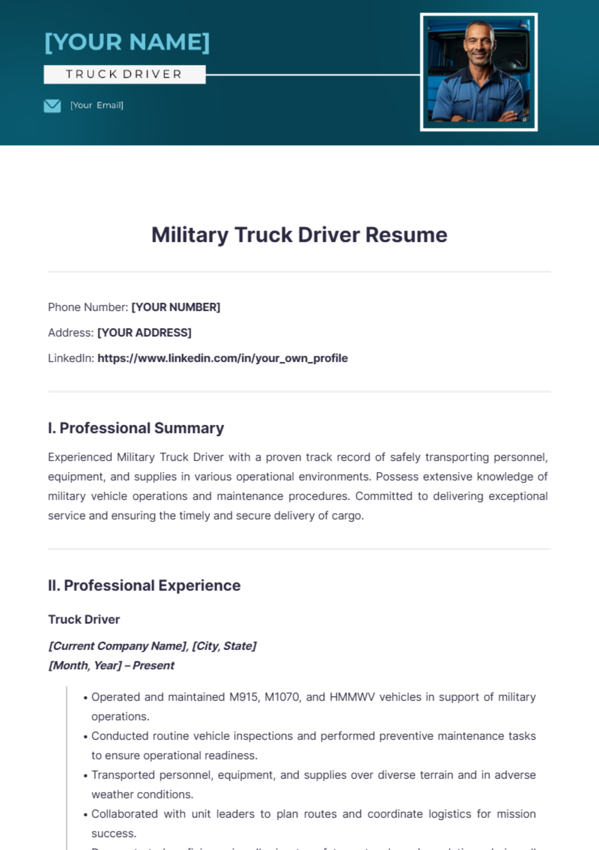 Military Truck Driver Resume