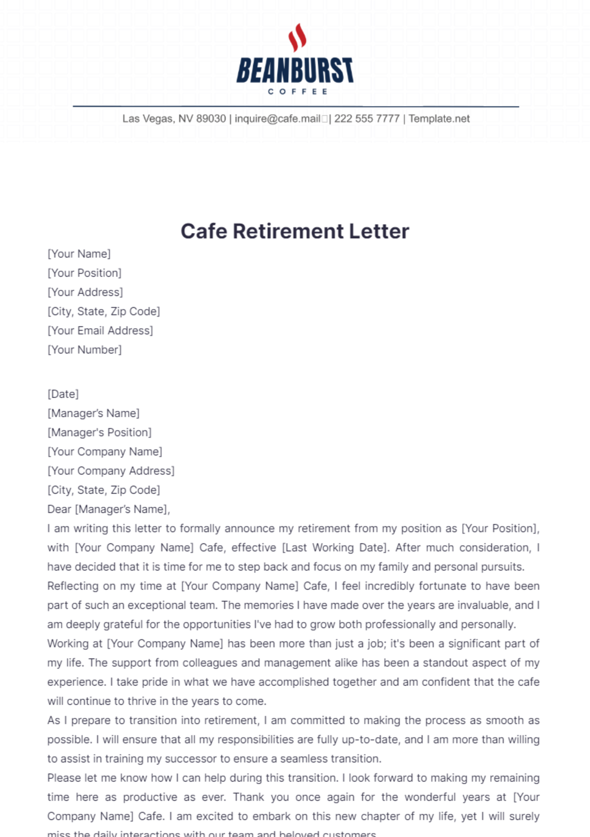 Cafe Retirement Letter Template - Edit Online & Download