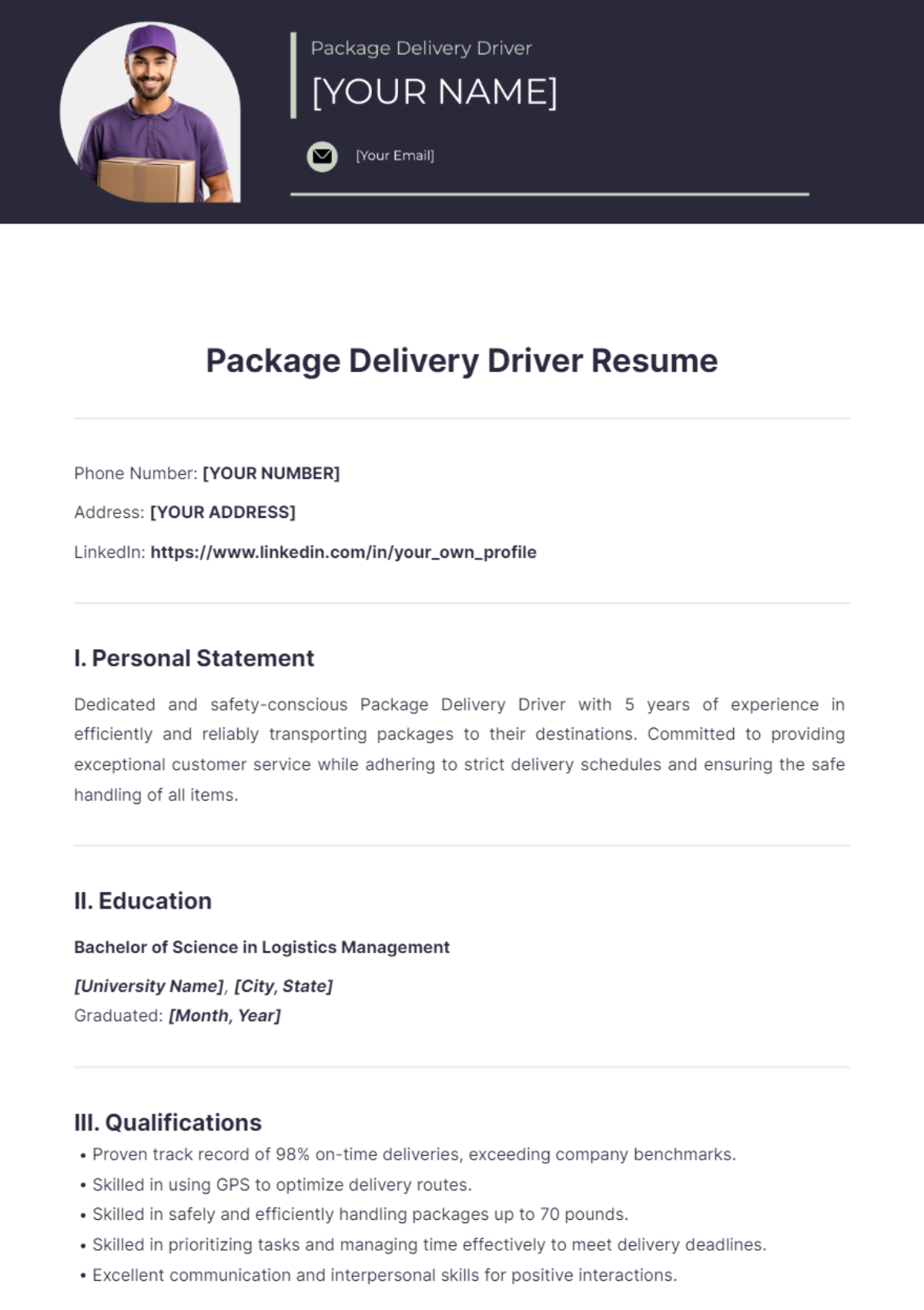 Package Delivery Driver Resume