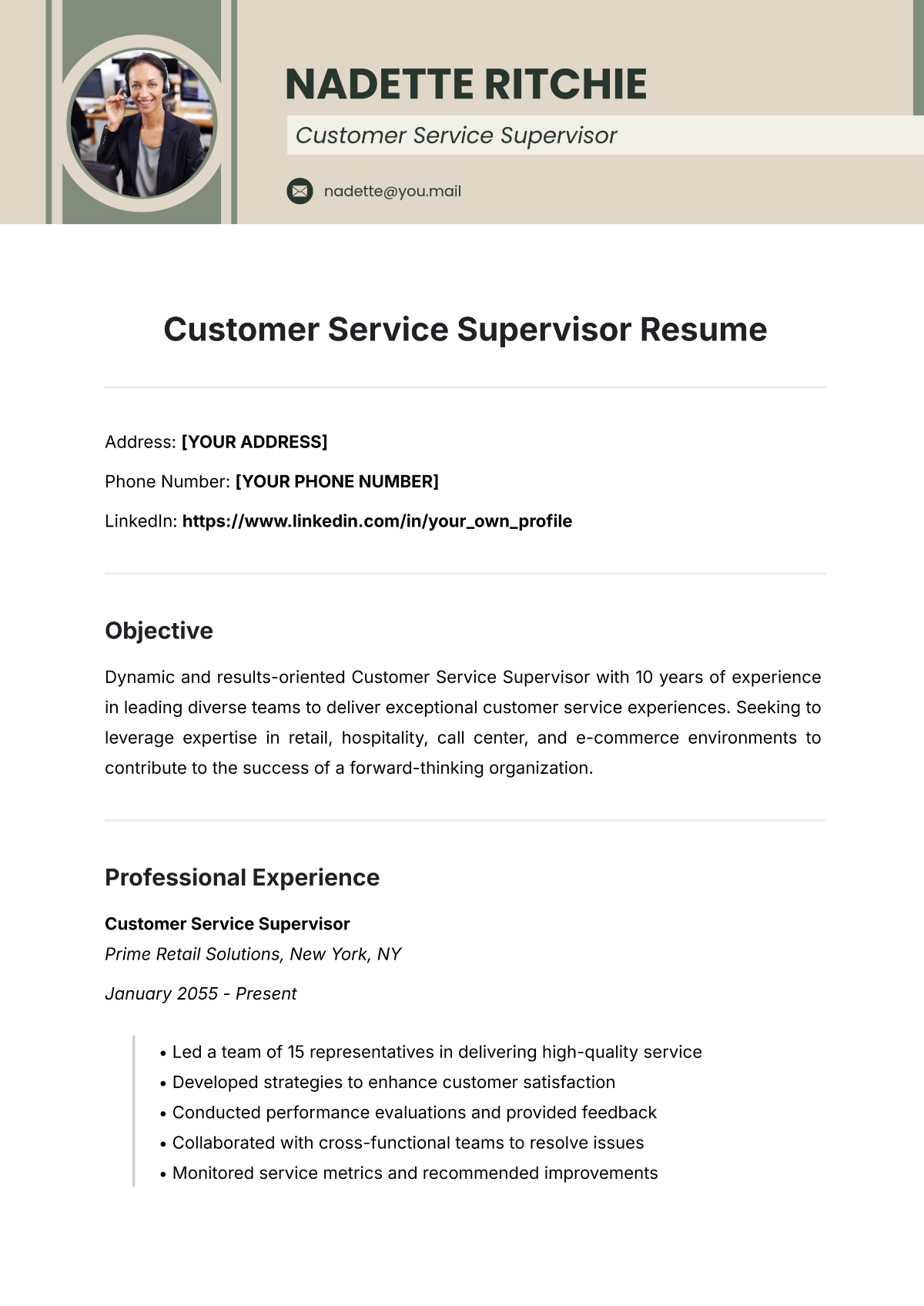 Free Customer Service Supervisor Resume Template