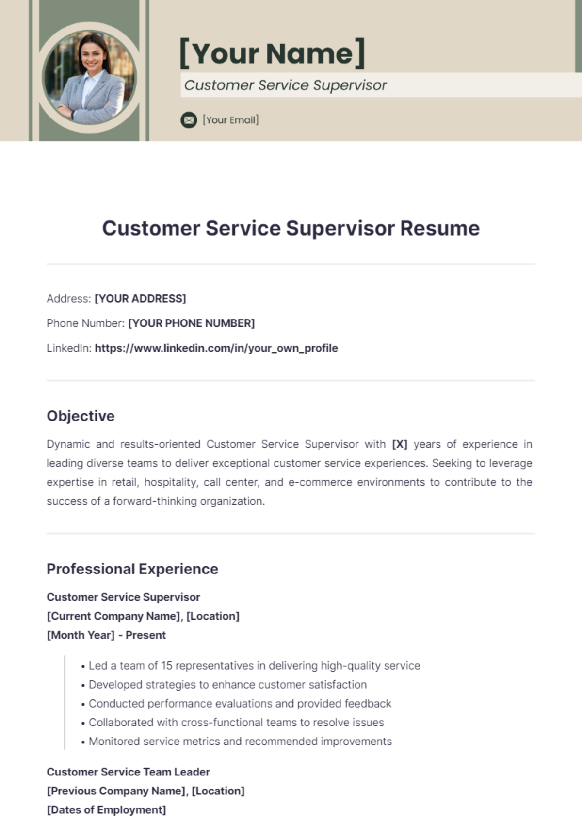 Customer Service Supervisor Resume - Edit Online & Download