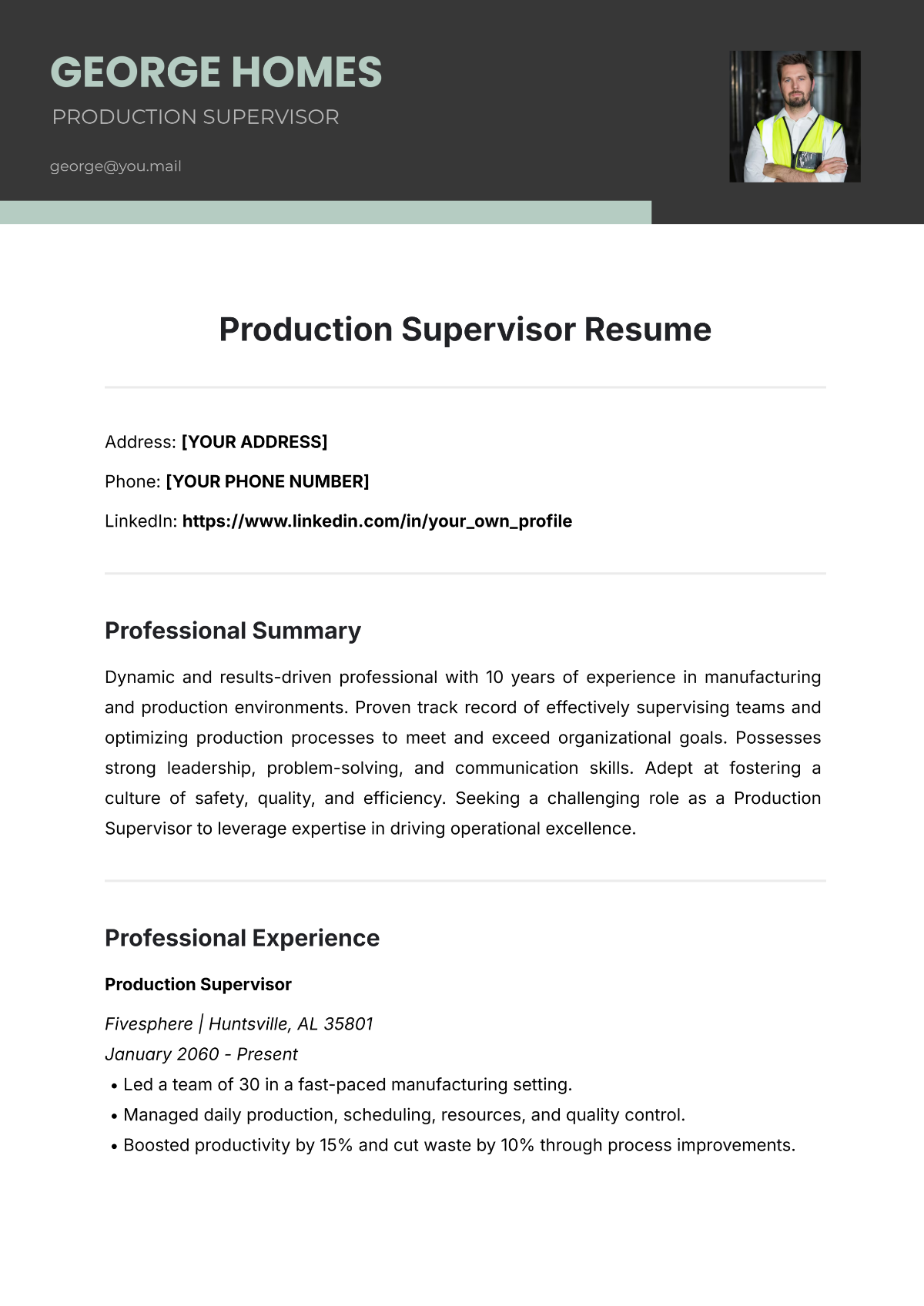 Free Production Supervisor Resume Template