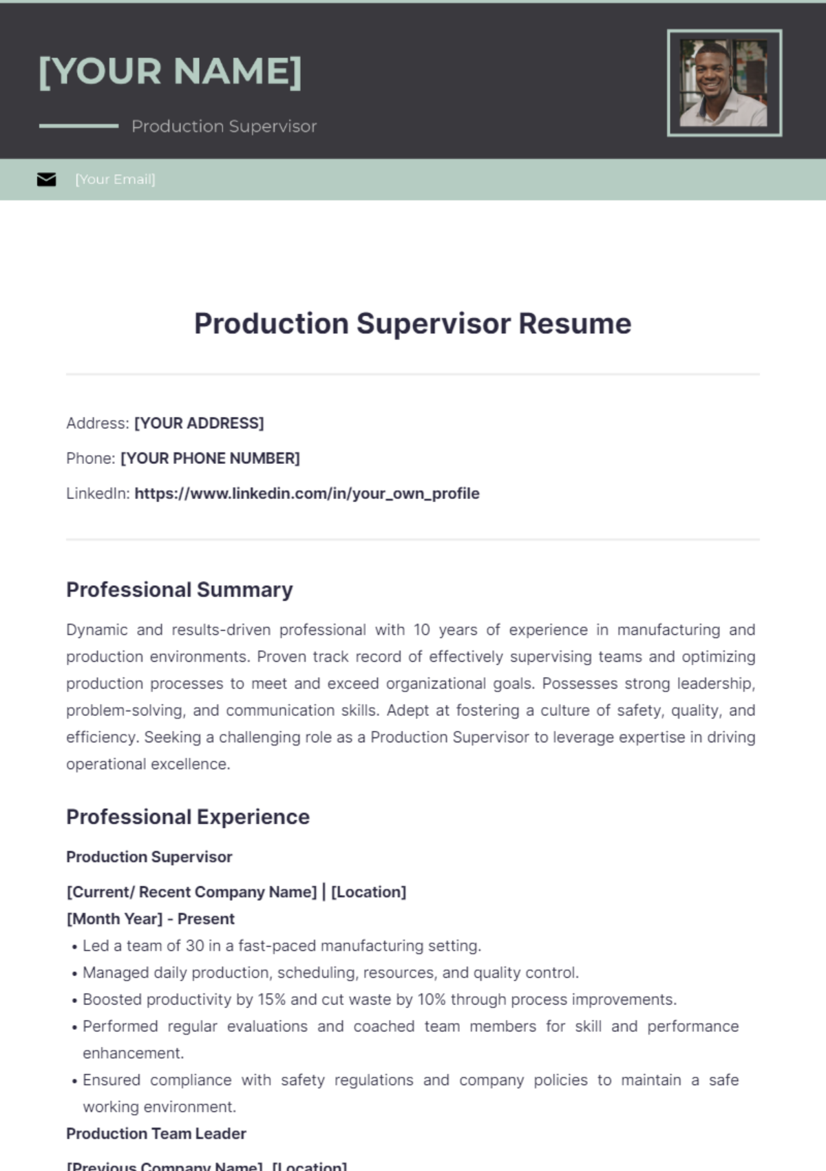 Production Supervisor Resume - Edit Online & Download