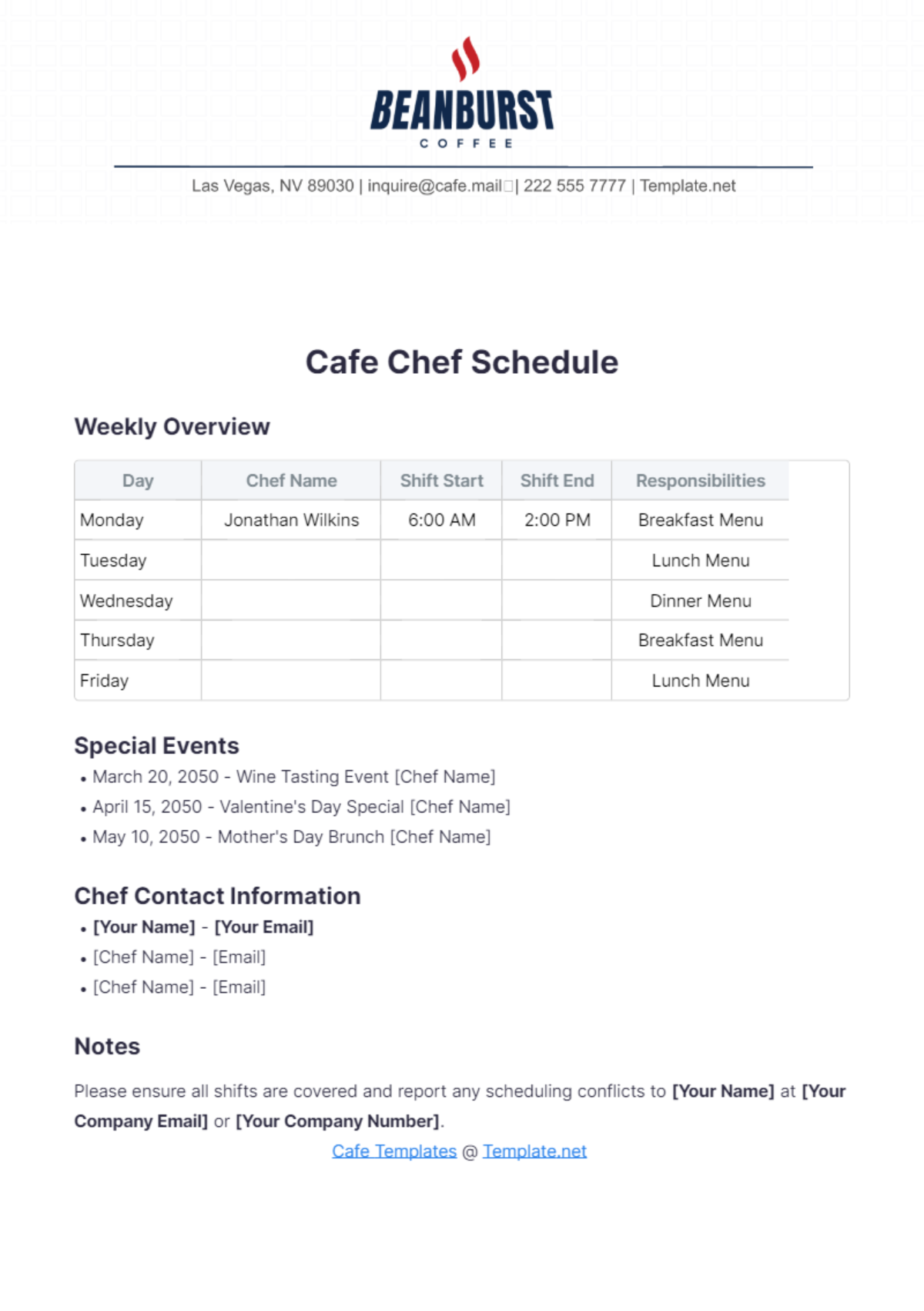 Cafe Chef Schedule Template - Edit Online & Download