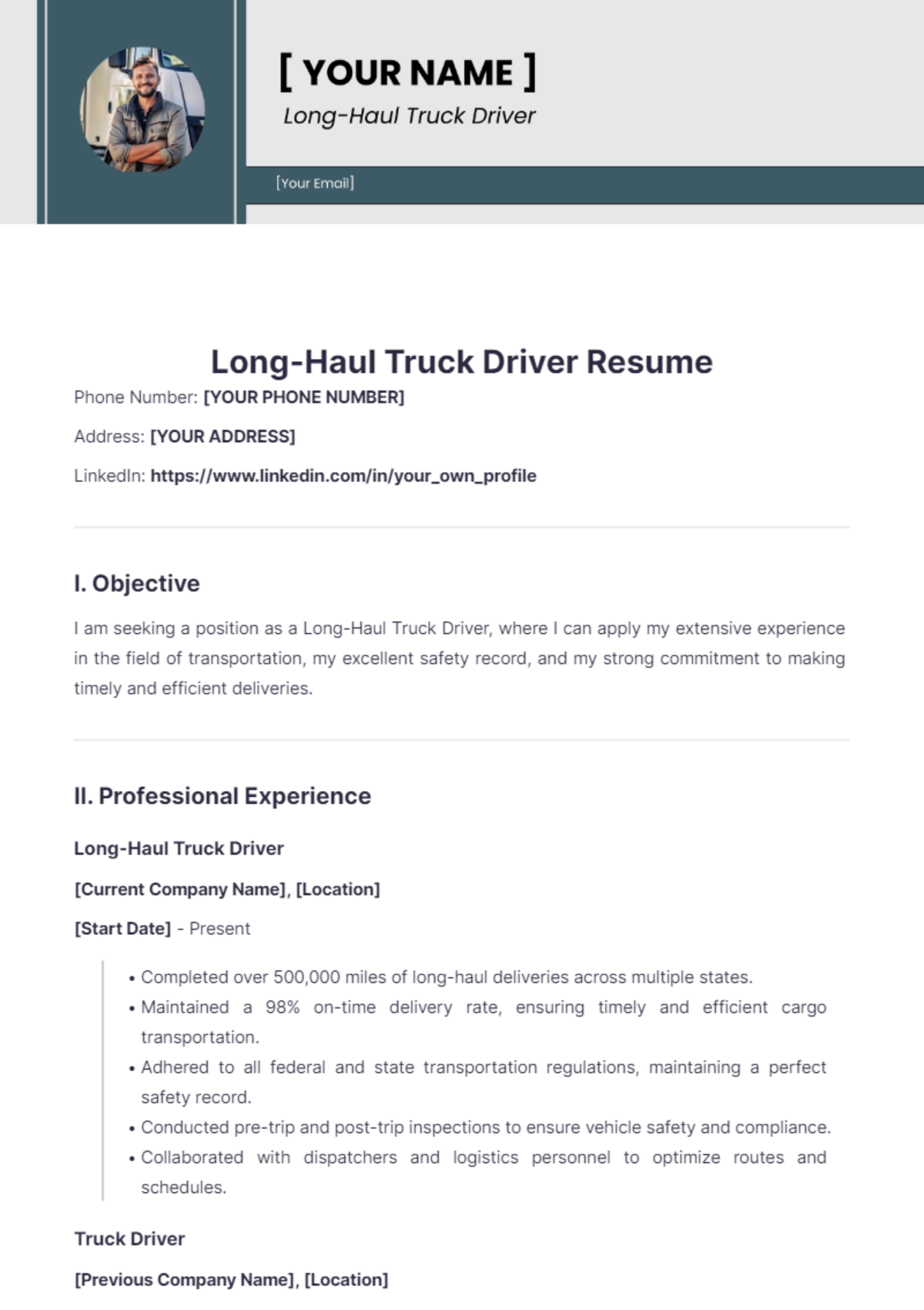 Long-Haul Truck Driver Resume