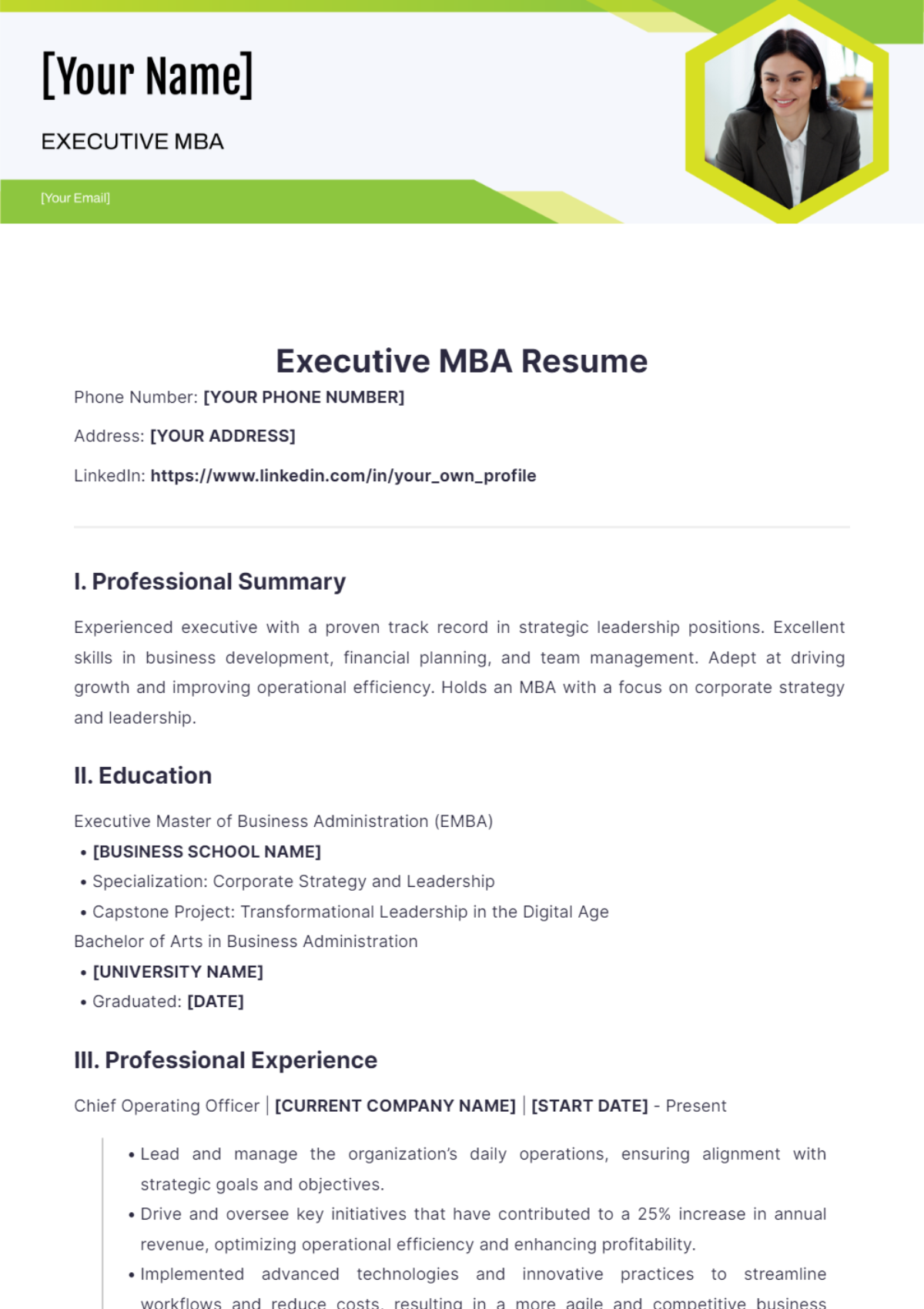 Executive MBA Resume - Edit Online & Download