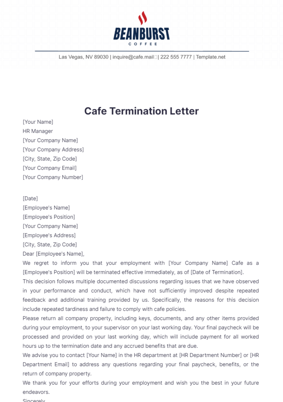 Cafe Termination Letter Template - Edit Online & Download