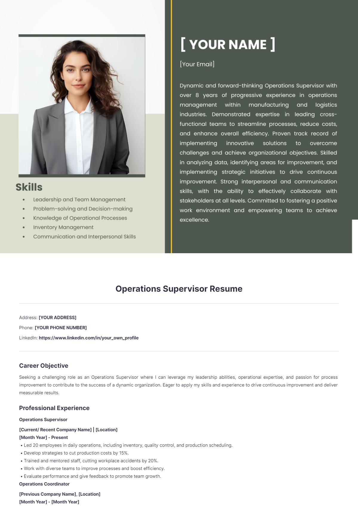 Free Operations Supervisor Resume Template - Edit Online & Download ...