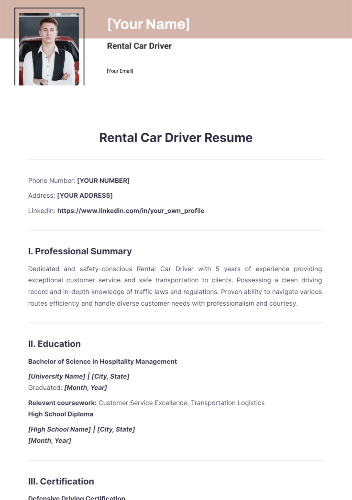 Rental Car Driver Resume - Edit Online & Download