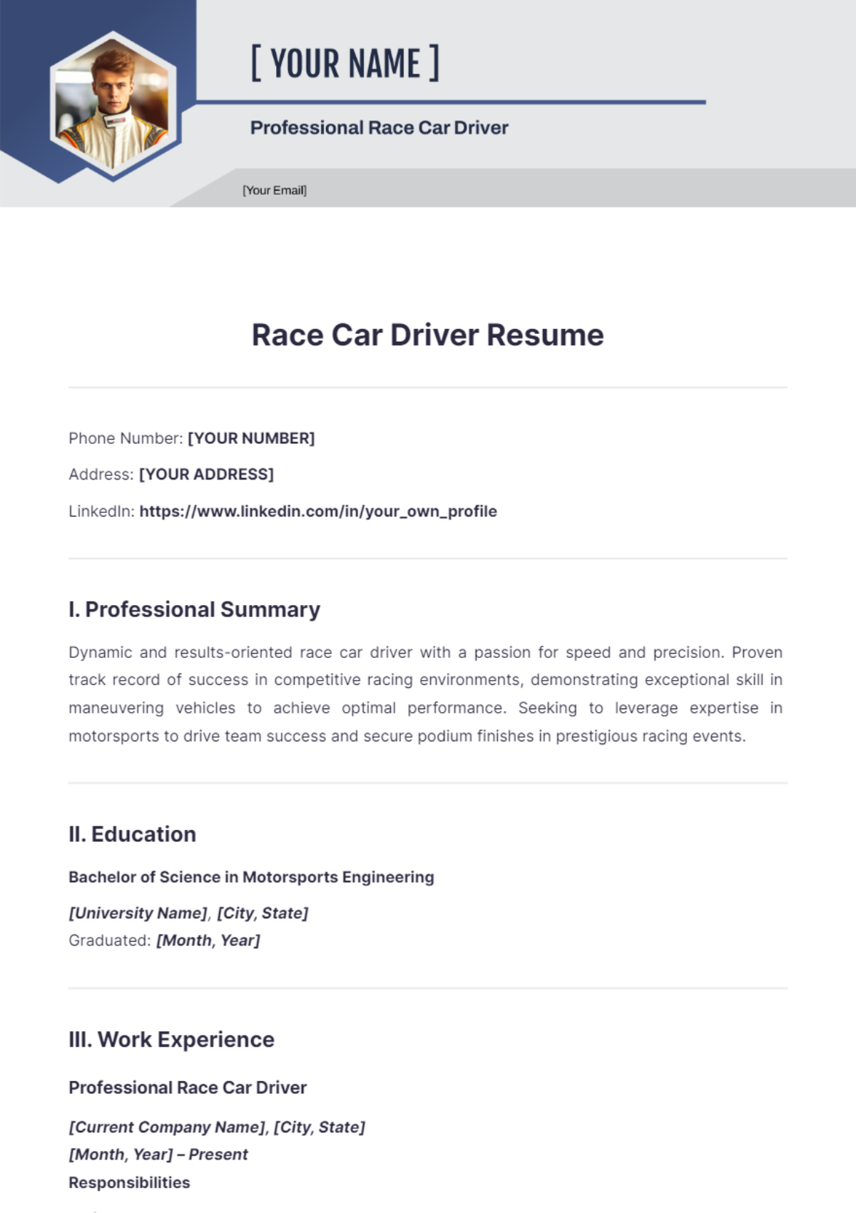 Race Car Driver Resume