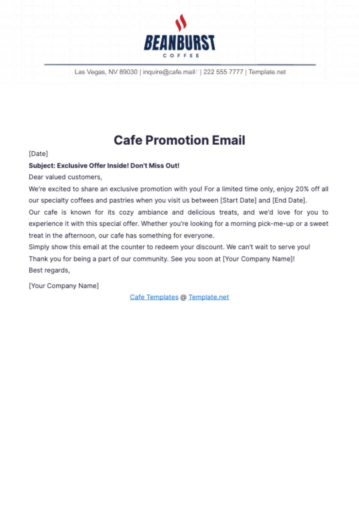 Cafe Promotion Email Template - Edit Online & Download