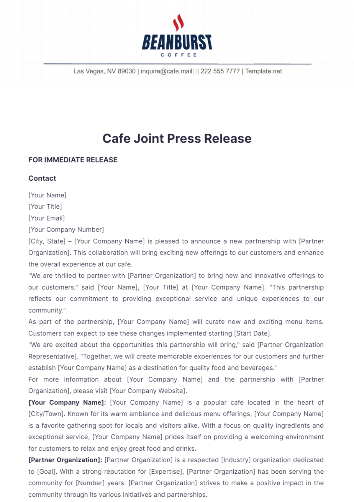 Cafe Joint Press Release Template - Edit Online & Download