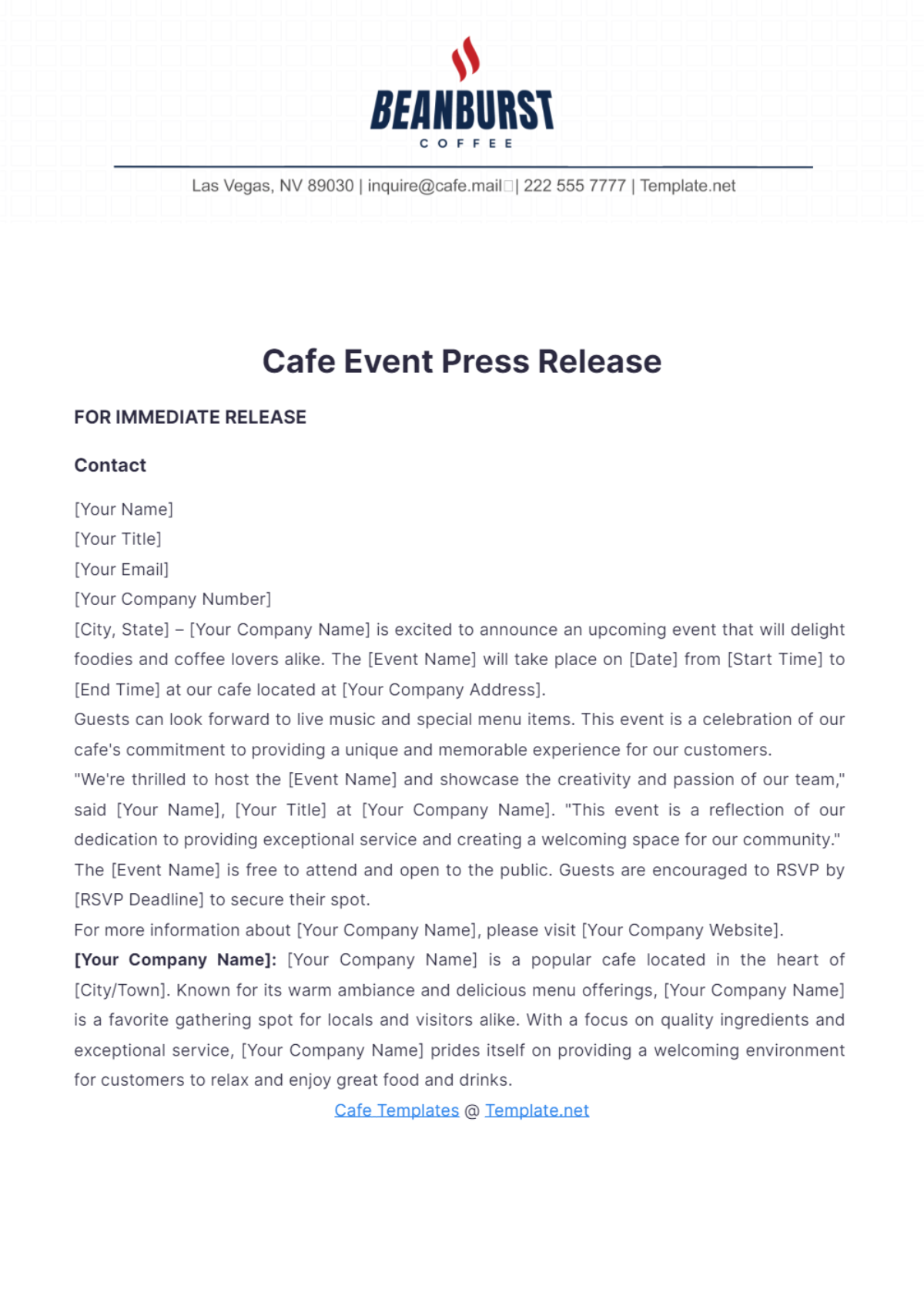 Cafe Event Press Release Template - Edit Online & Download