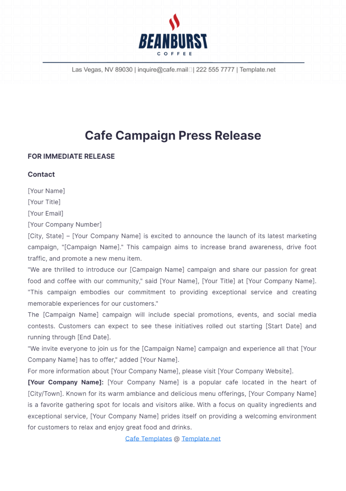 Cafe Campaign Press Release Template - Edit Online & Download