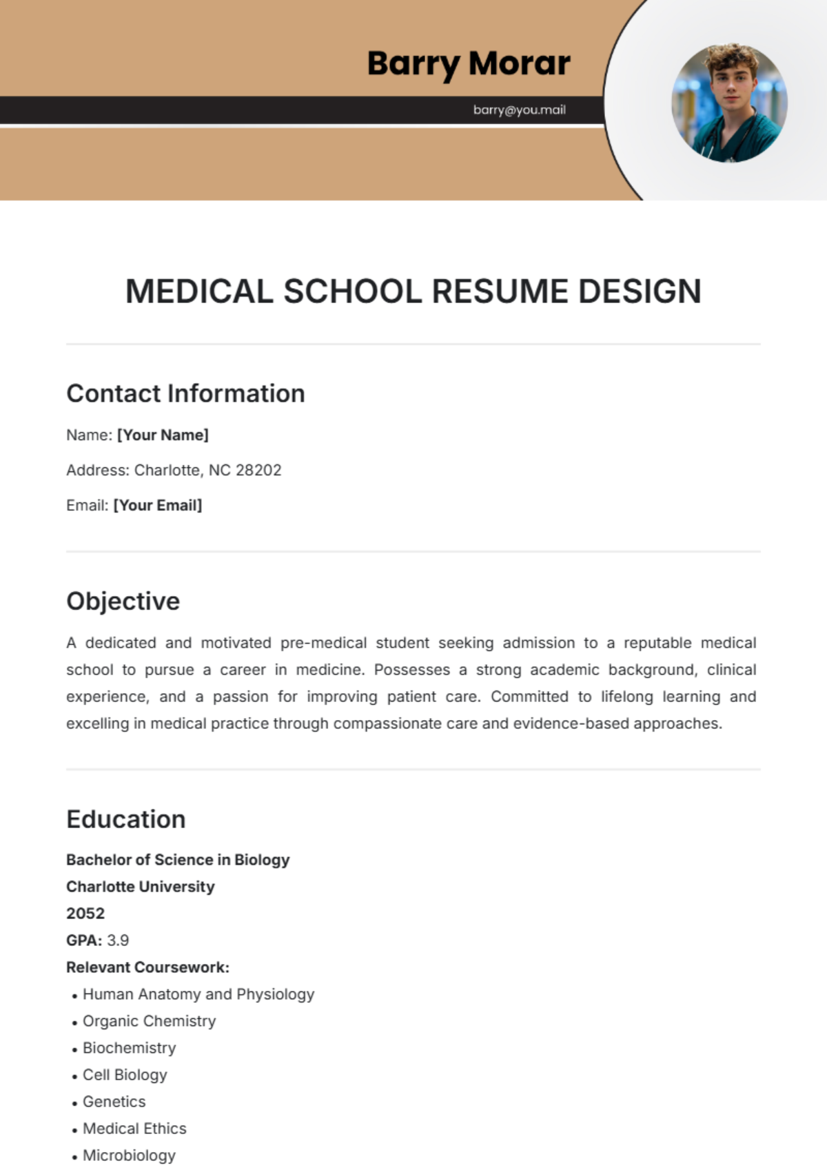 Medical School Resume Design Template - Edit Online & Download