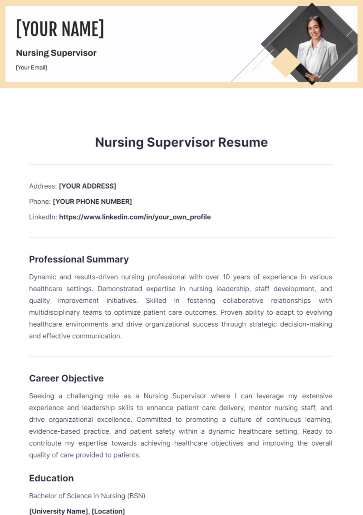 Nursing Supervisor Resume - Edit Online & Download