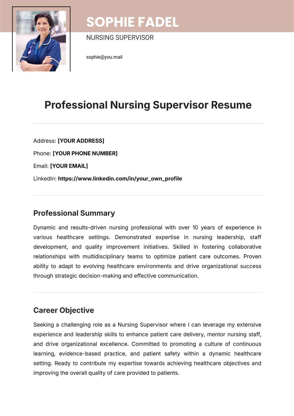 Free Professional Nursing Supervisor Resume Template