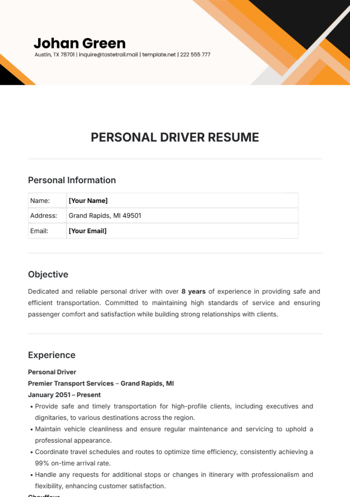 Personal Driver Resume Template - Edit Online & Download