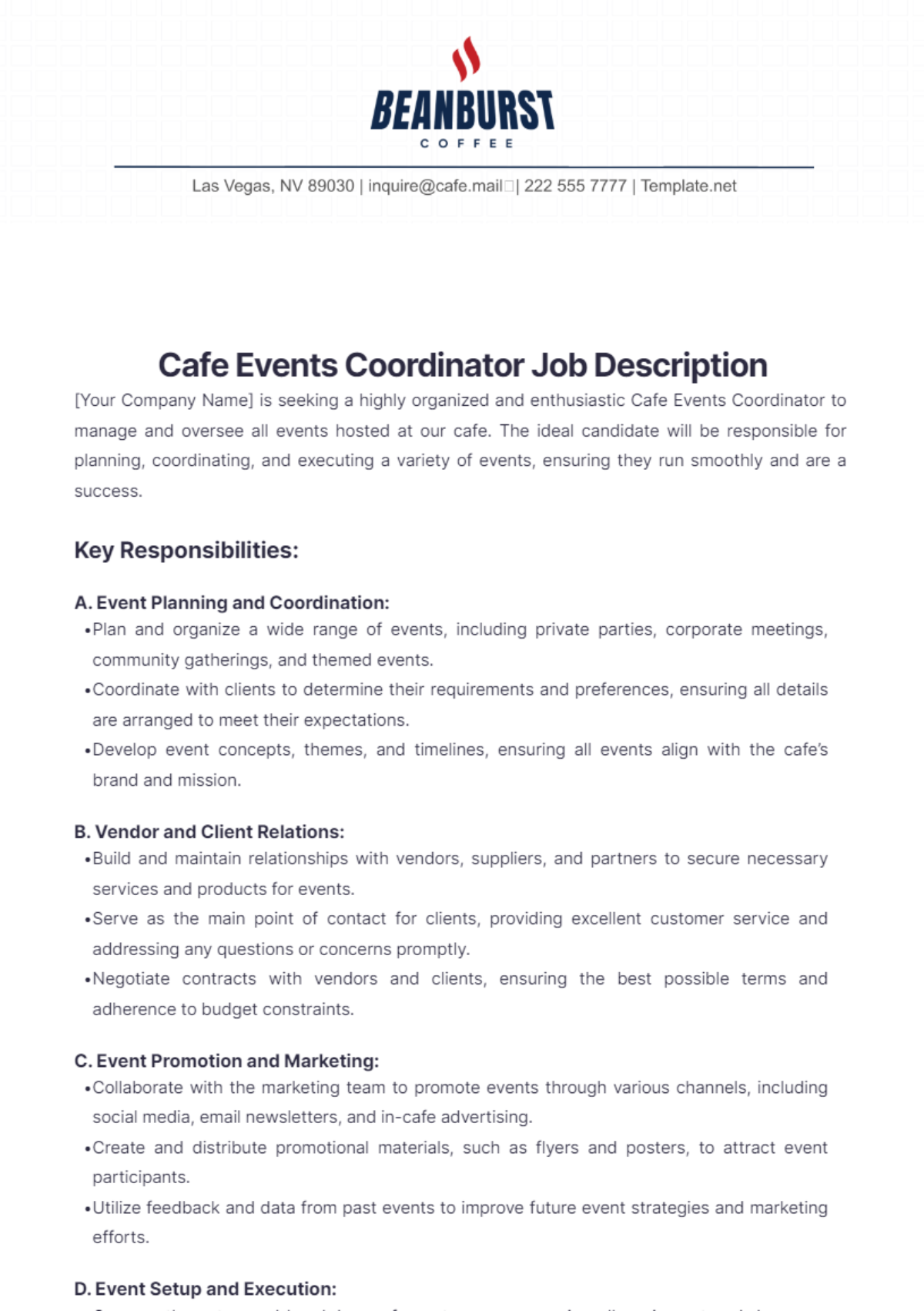 Cafe Events Coordinator Job Description Template - Edit Online & Download