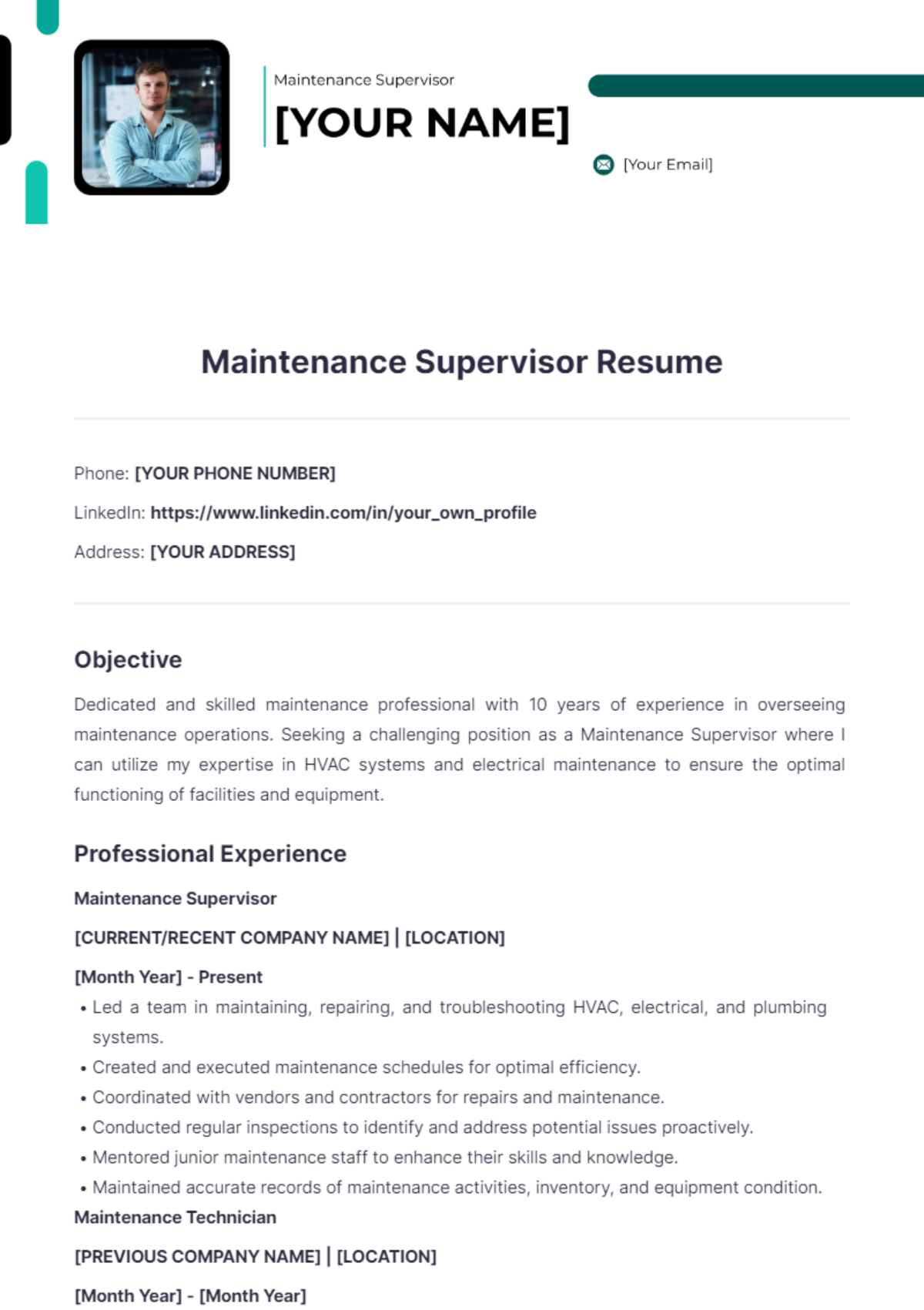 Maintenance Supervisor Resume - Edit Online & Download