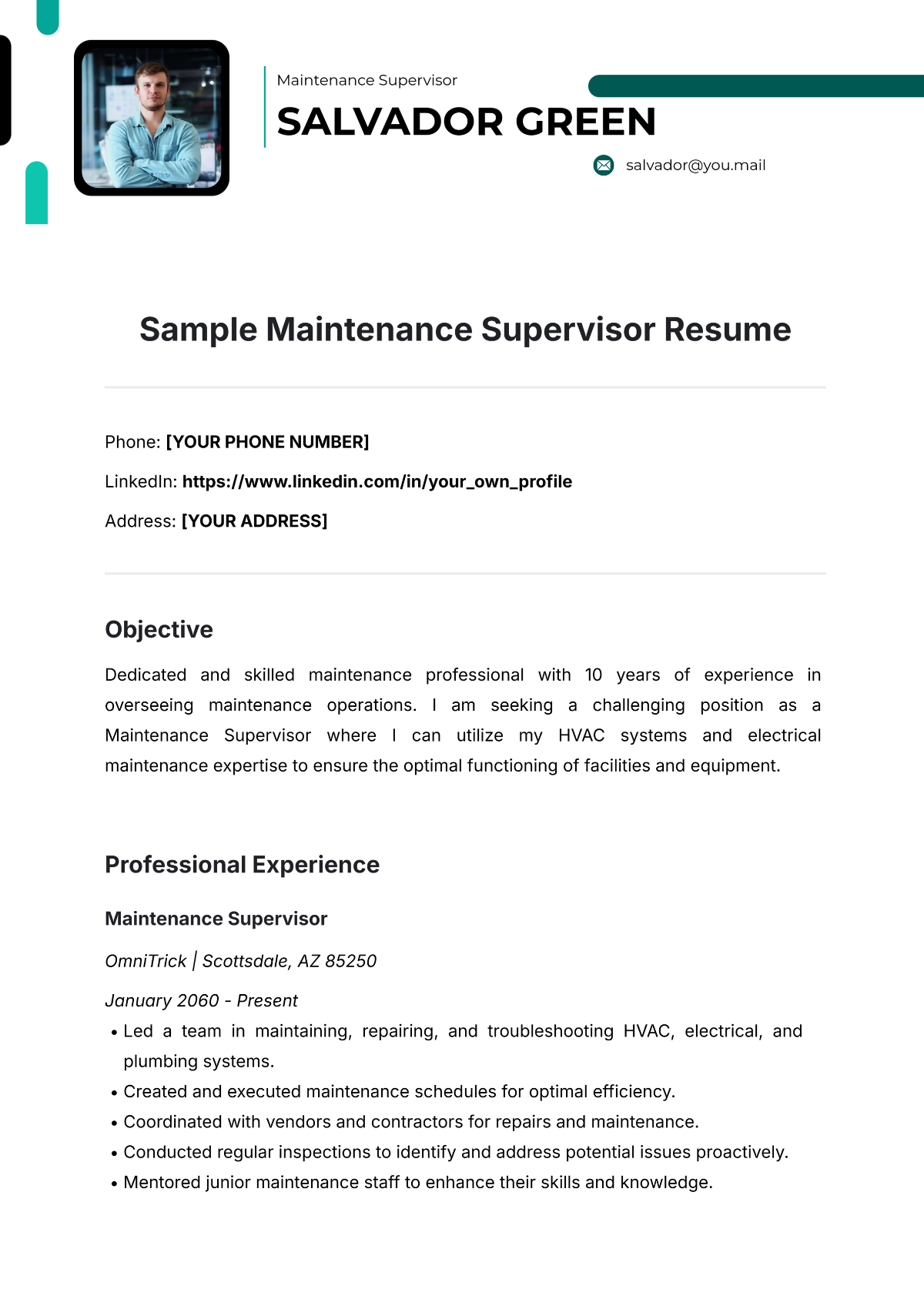 Free Sample Maintenance Supervisor Resume Template