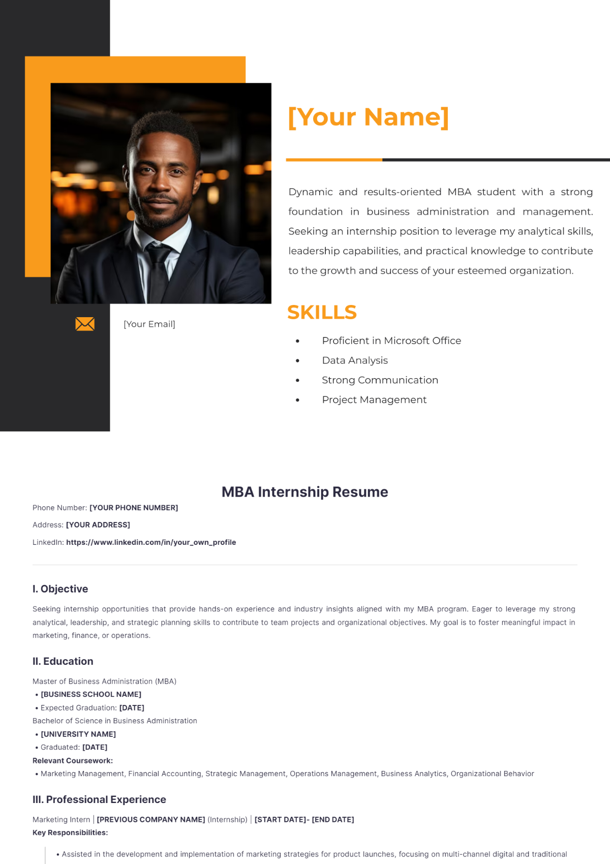 Free MBA Internship Resume Template To Edit Online