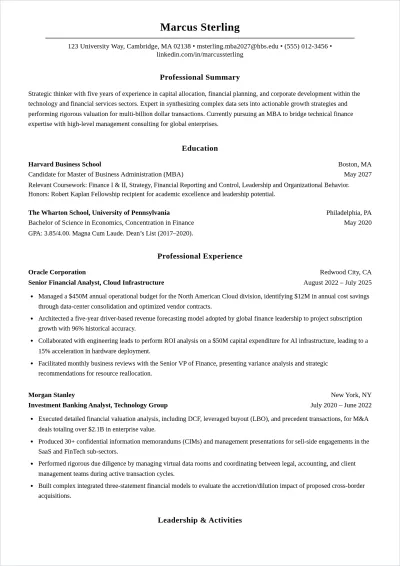 Free MBA Internship ATS Resume Template, AI Resume Builder