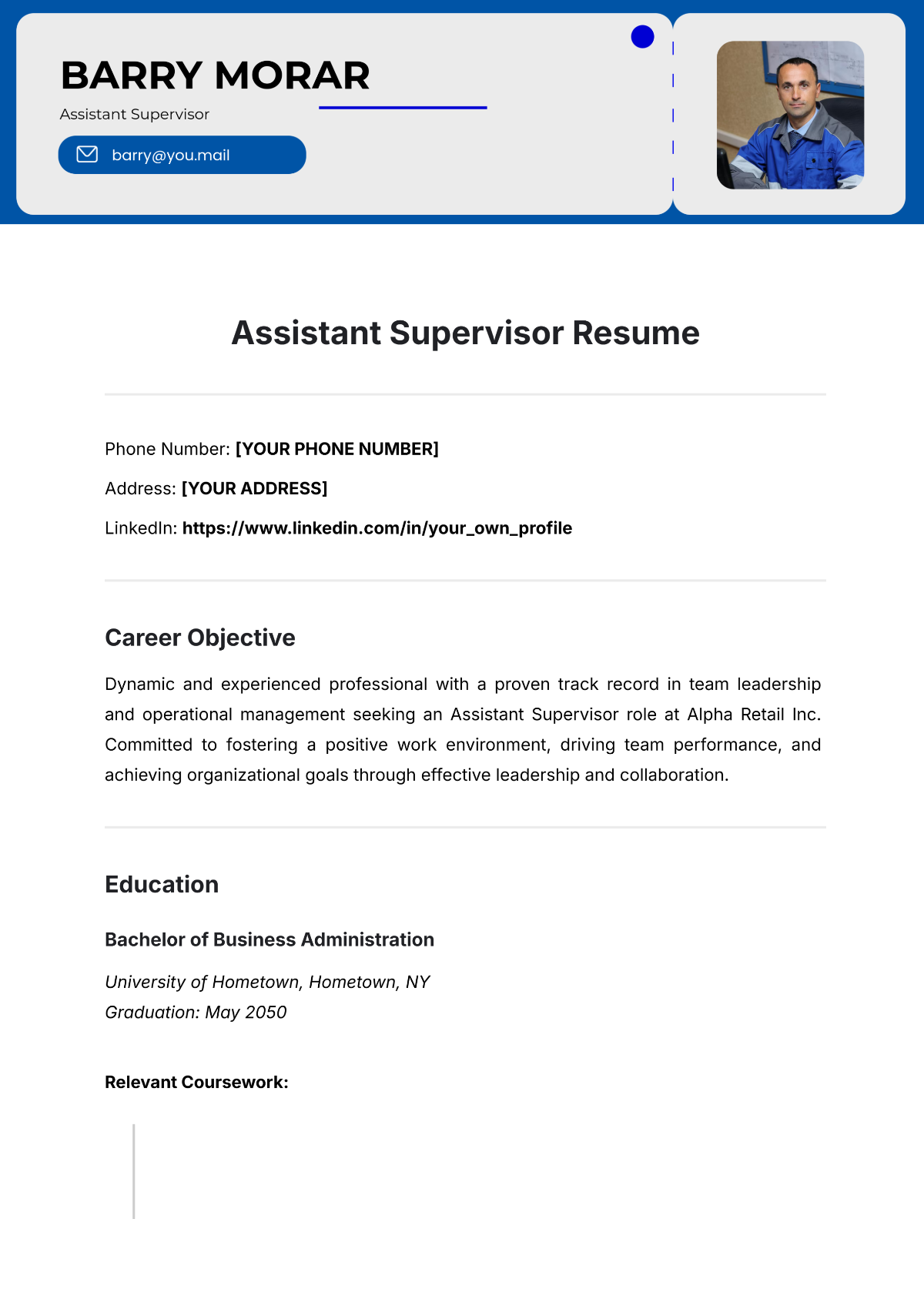 Free Assistant Supervisor Resume Template