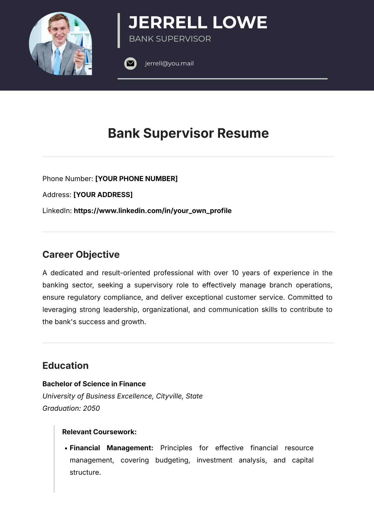 Free Bank Supervisor Resume Template