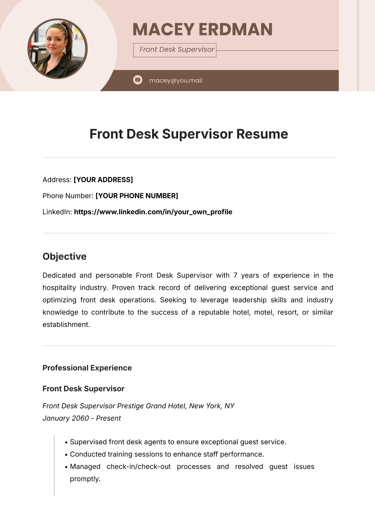 Free Front Desk Supervisor Resume Template