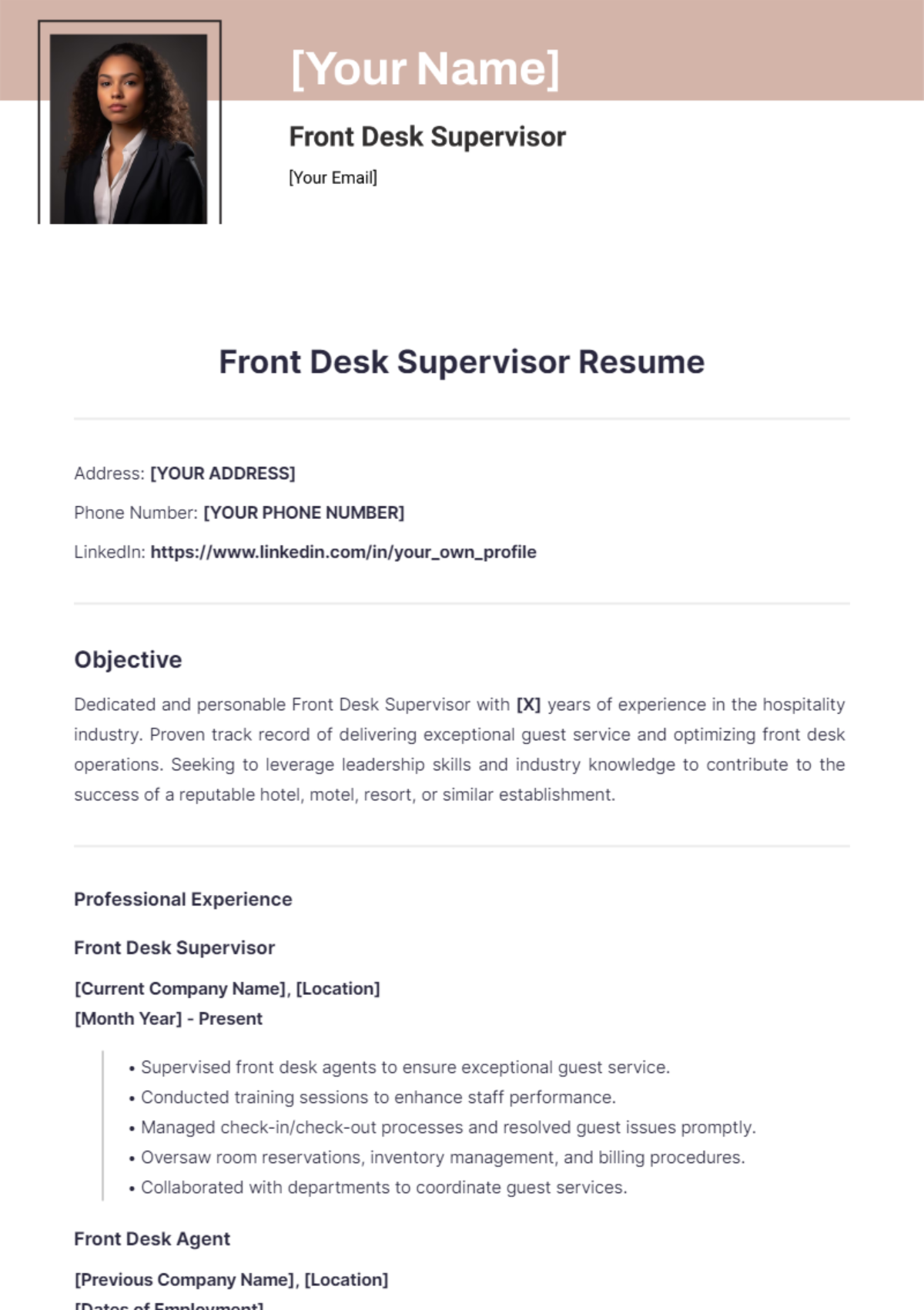 Front Desk Supervisor Resume - Edit Online & Download