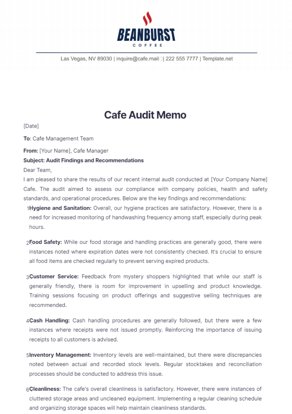 Cafe Audit Memo Template - Edit Online & Download