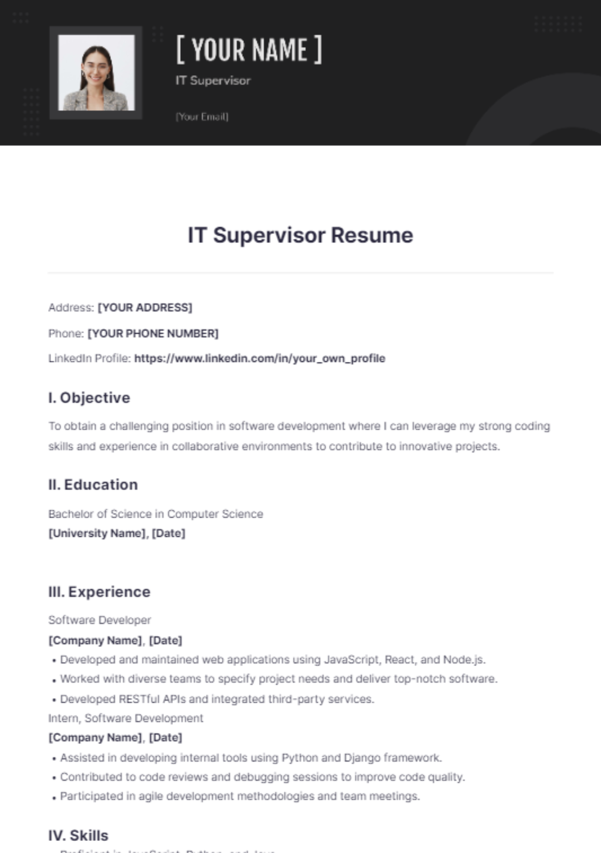 IT Supervisor Resume - Edit Online & Download