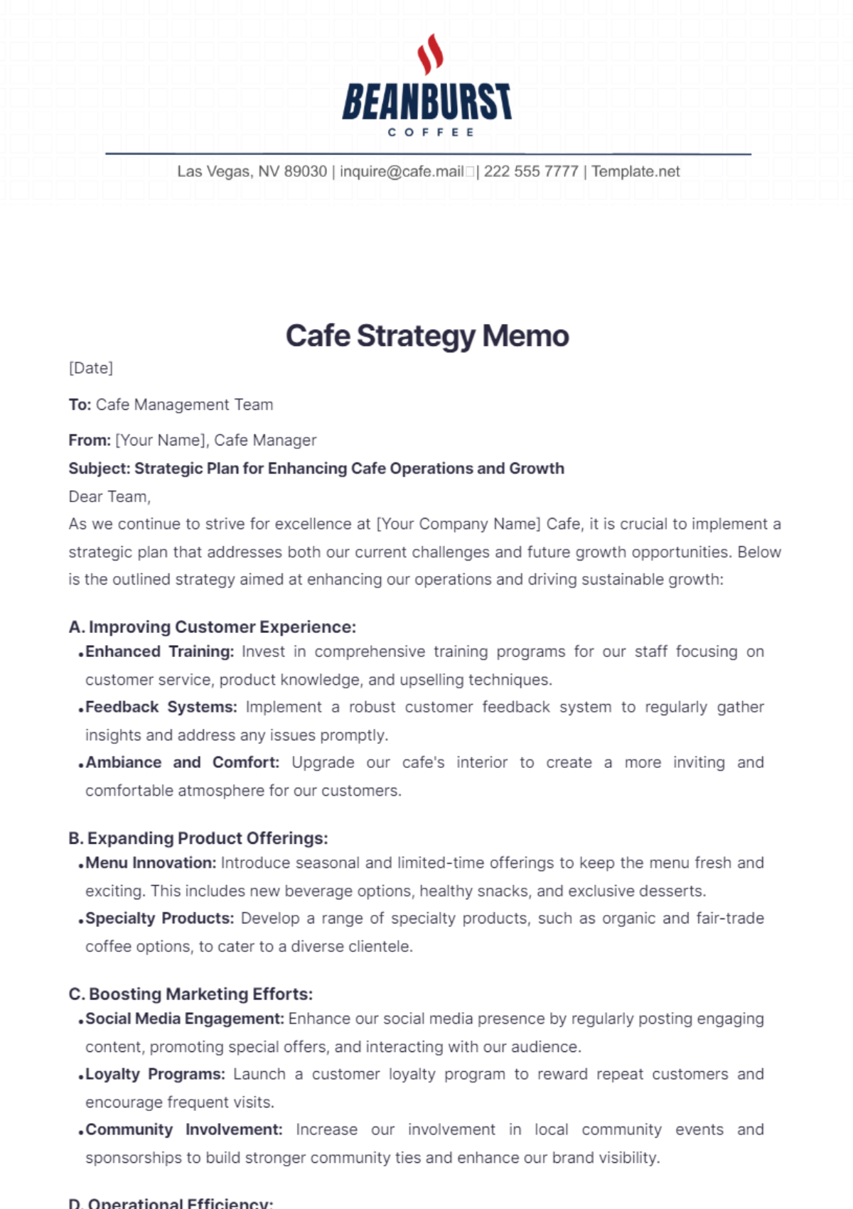 Cafe Strategy Memo Template - Edit Online & Download