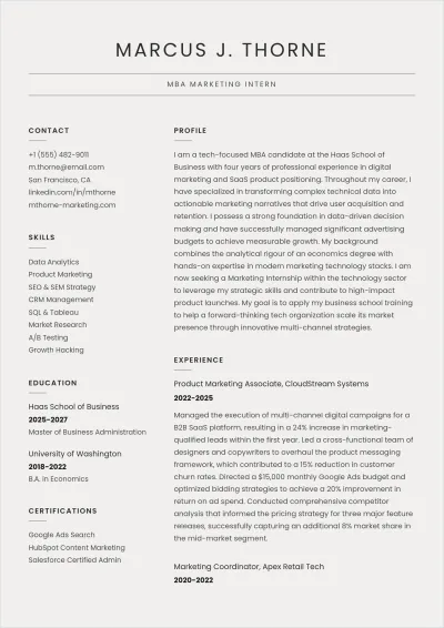 Free MBA Marketing Intern ATS Resume Template, AI Resume Builder