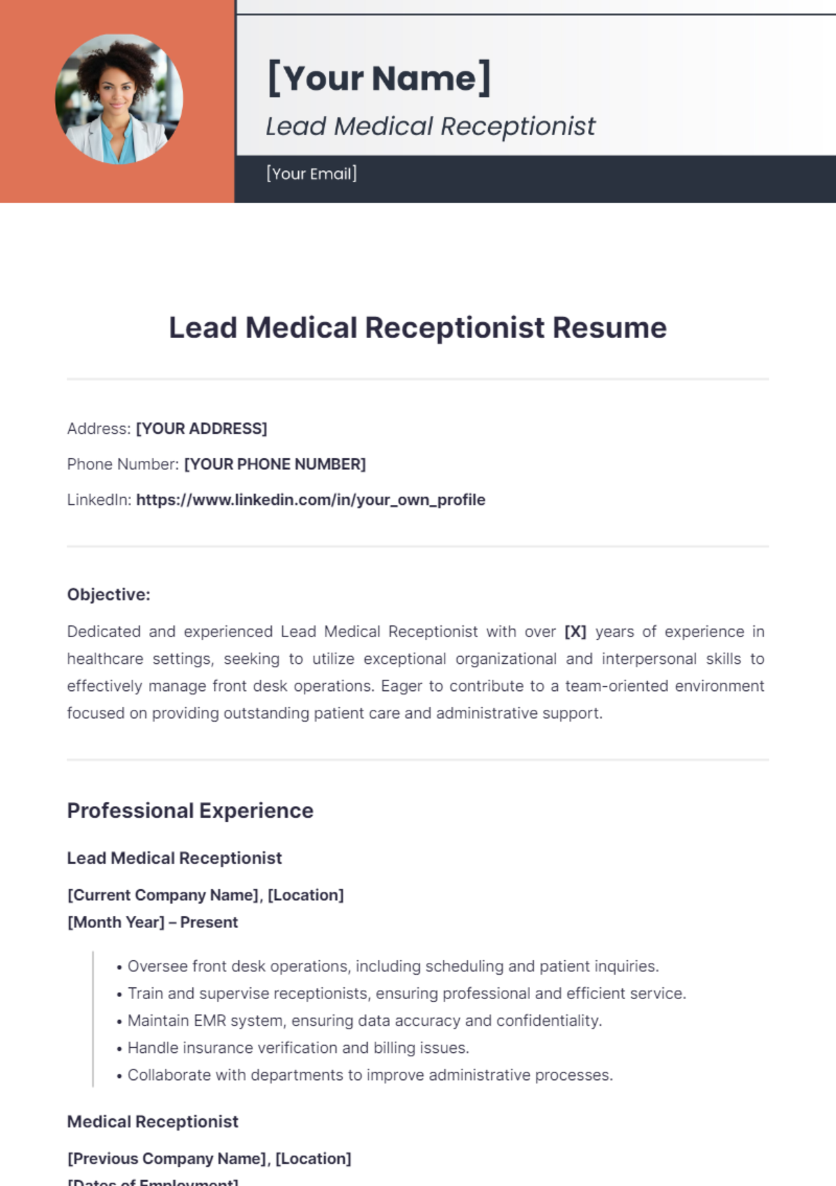 Lead Medical Receptionist Resume - Edit Online & Download