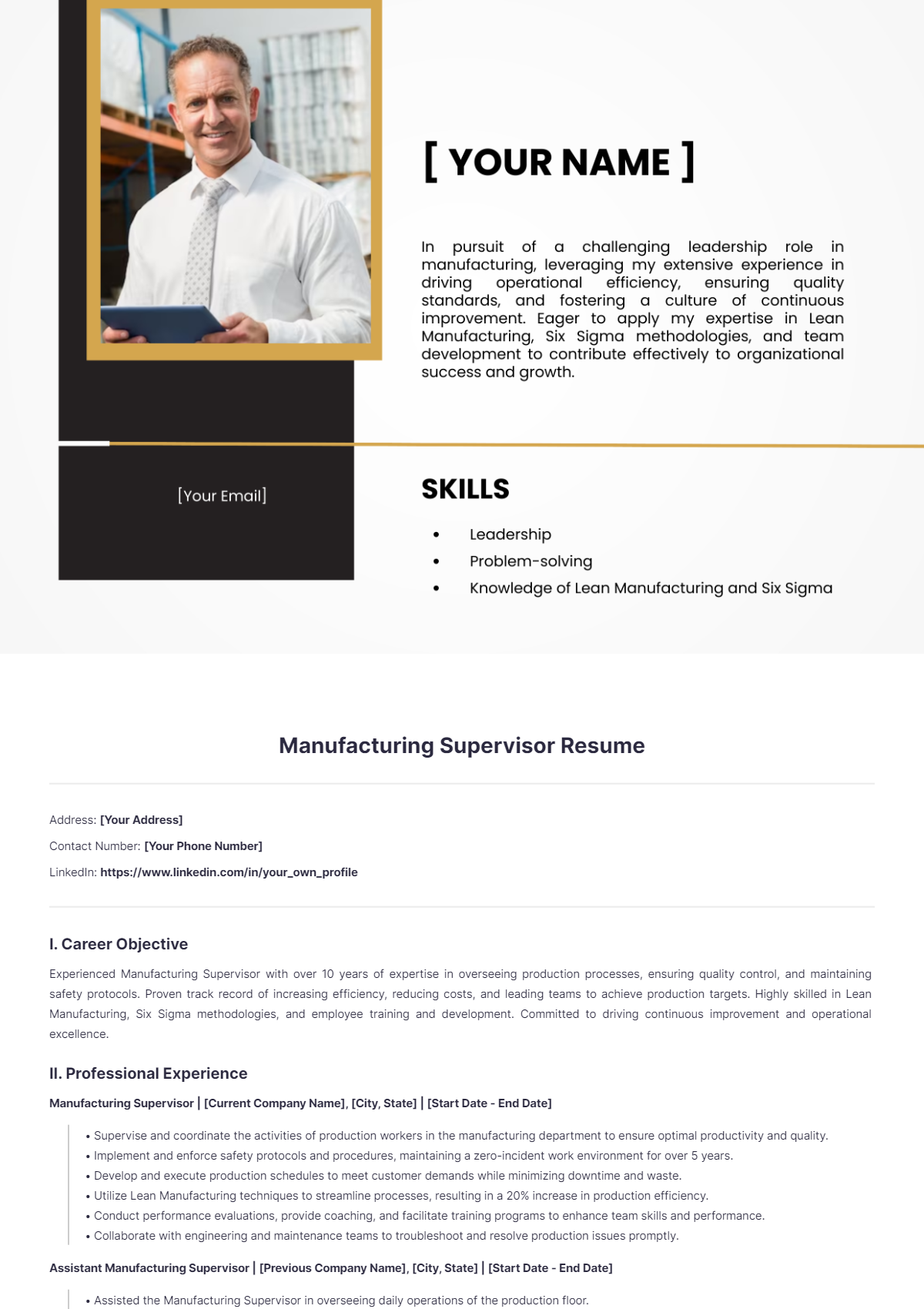 Manufacturing Supervisor Resume - Edit Online & Download