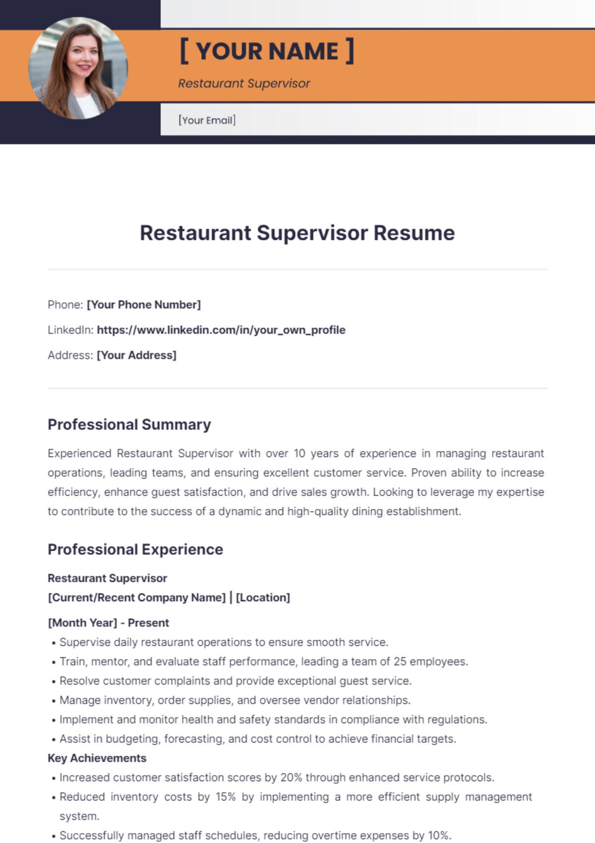 Restaurant Supervisor Resume - Edit Online & Download