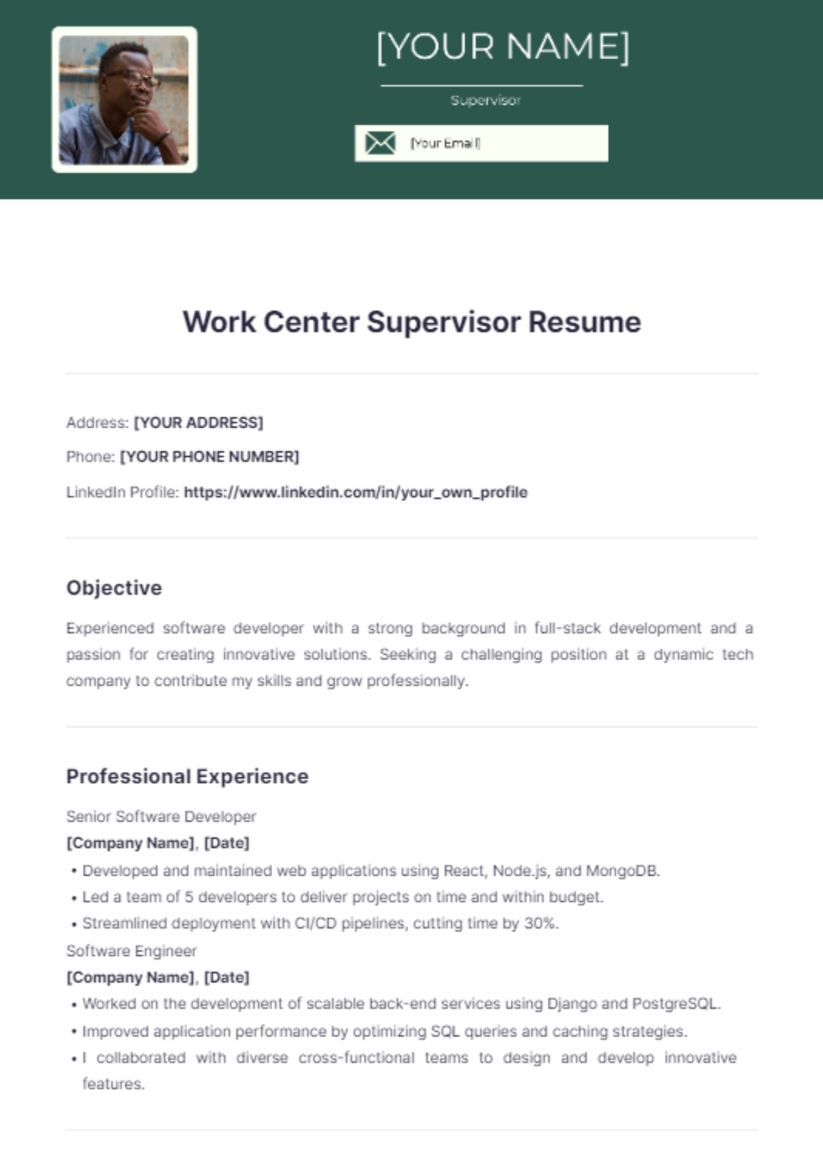 Work Center Supervisor Resume - Edit Online & Download