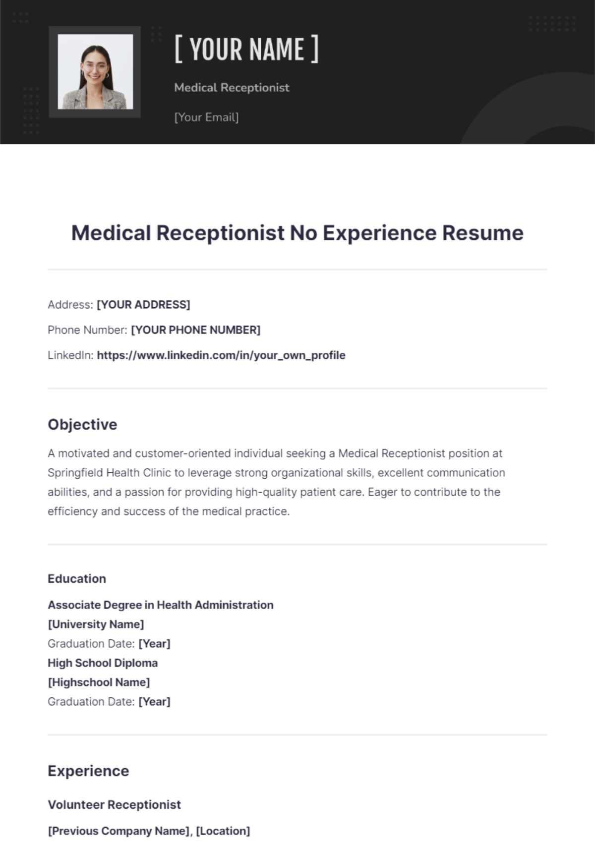 Medical Receptionist No Experience Resume - Edit Online & Download