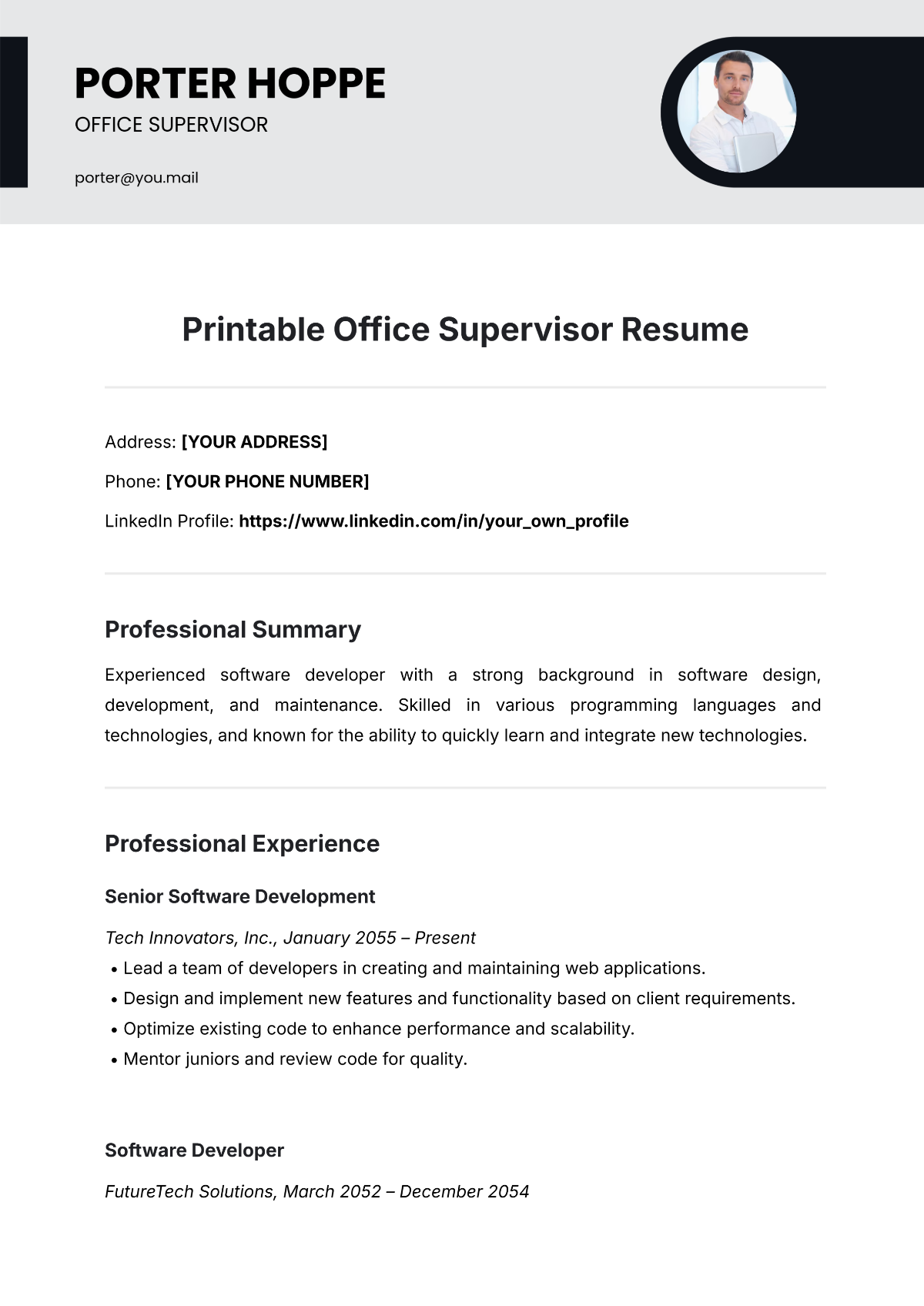 Free Printable Office Supervisor Resume Template