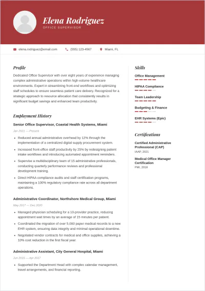 Free Printable Office Supervisor ATS Resume Template