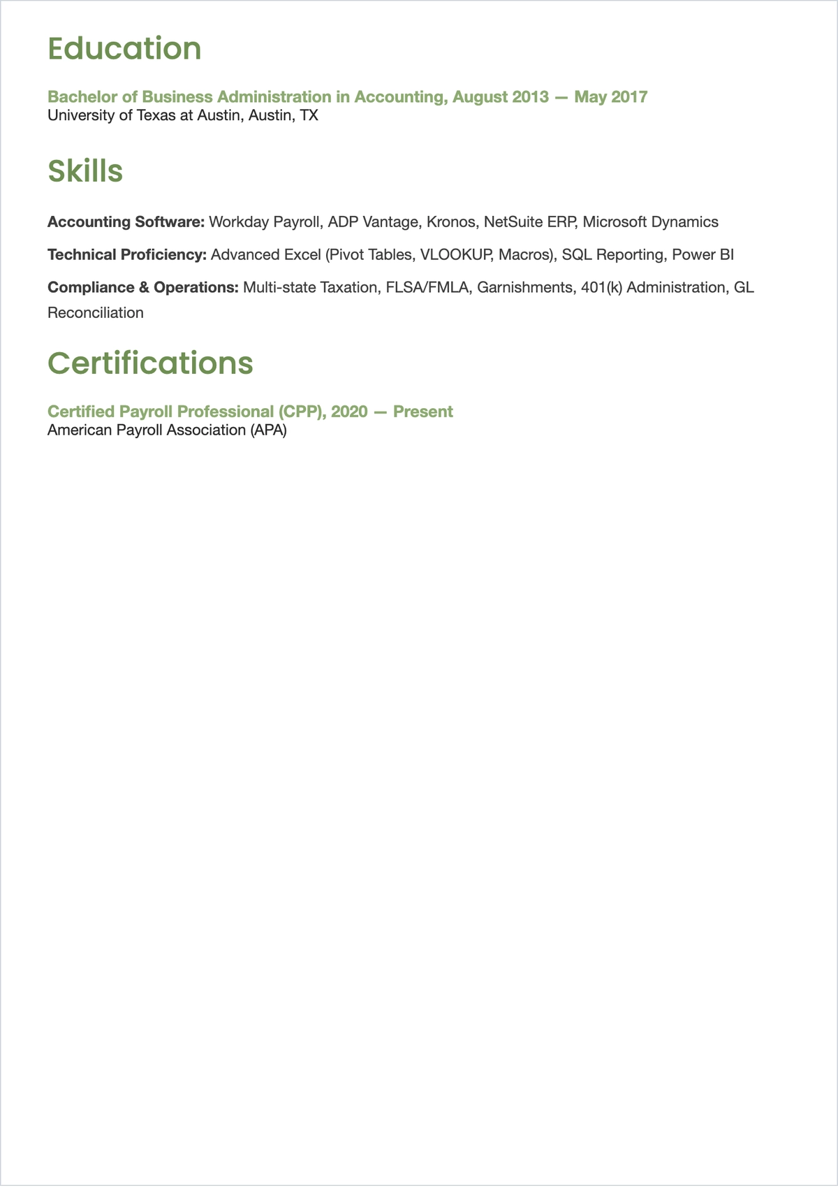 Free Payroll Supervisor ATS Resume Template, AI Resume Builder
