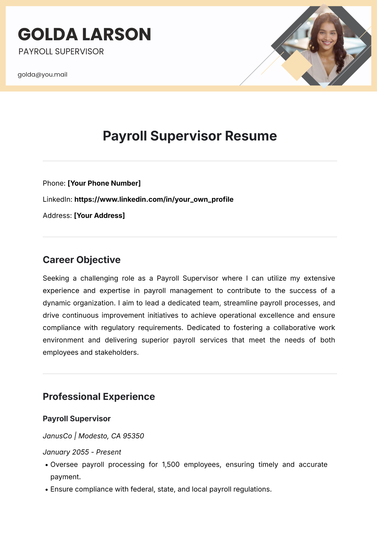 Free Payroll Supervisor Resume Template