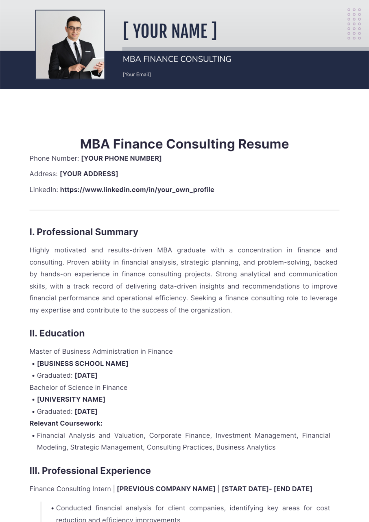 MBA Finance Consulting Resume - Edit Online & Download