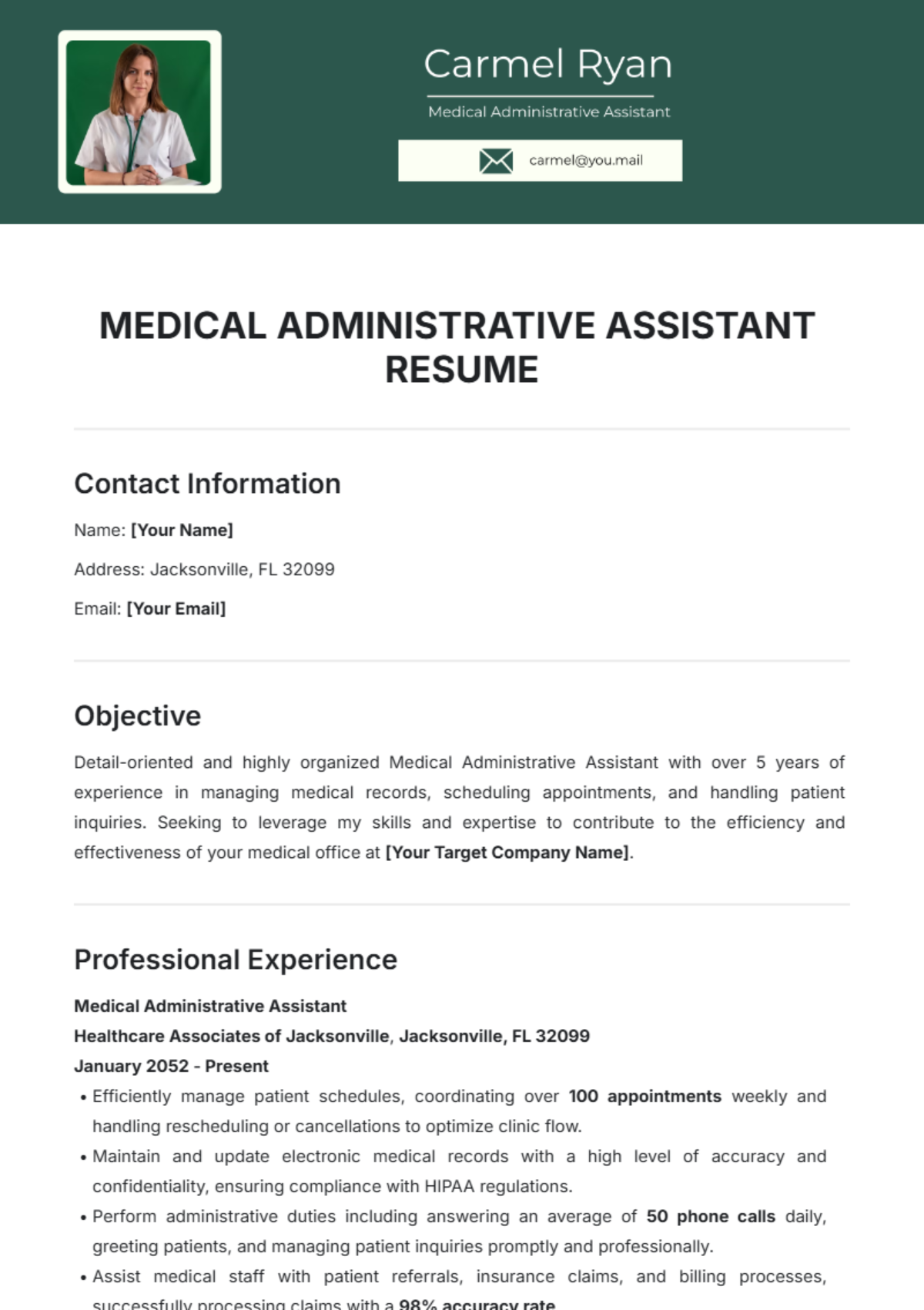 Free Medical Administrative Assistant Resume Template to Edit Online