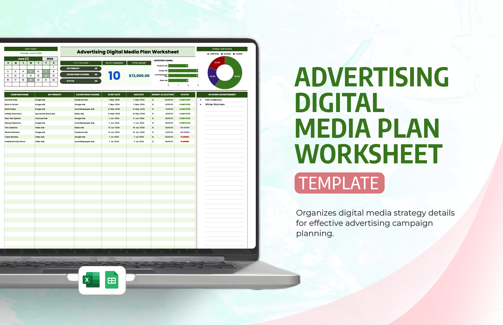 Advertising Digital Media Plan Worksheet Template in Excel, Google Sheets