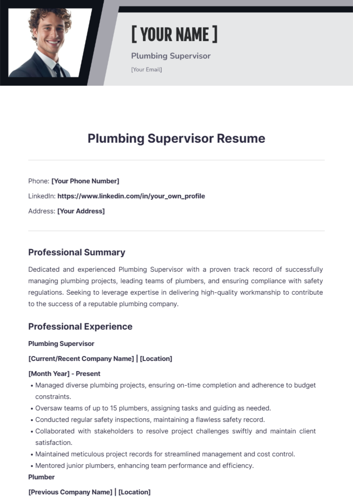 Plumbing Supervisor Resume - Edit Online & Download Example | Template.net