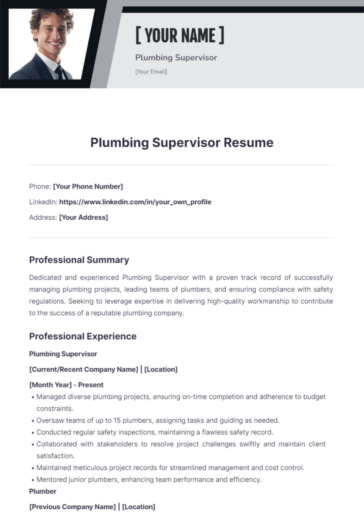 Free Plumbing Supervisor Resume Template - Edit Online & Download ...